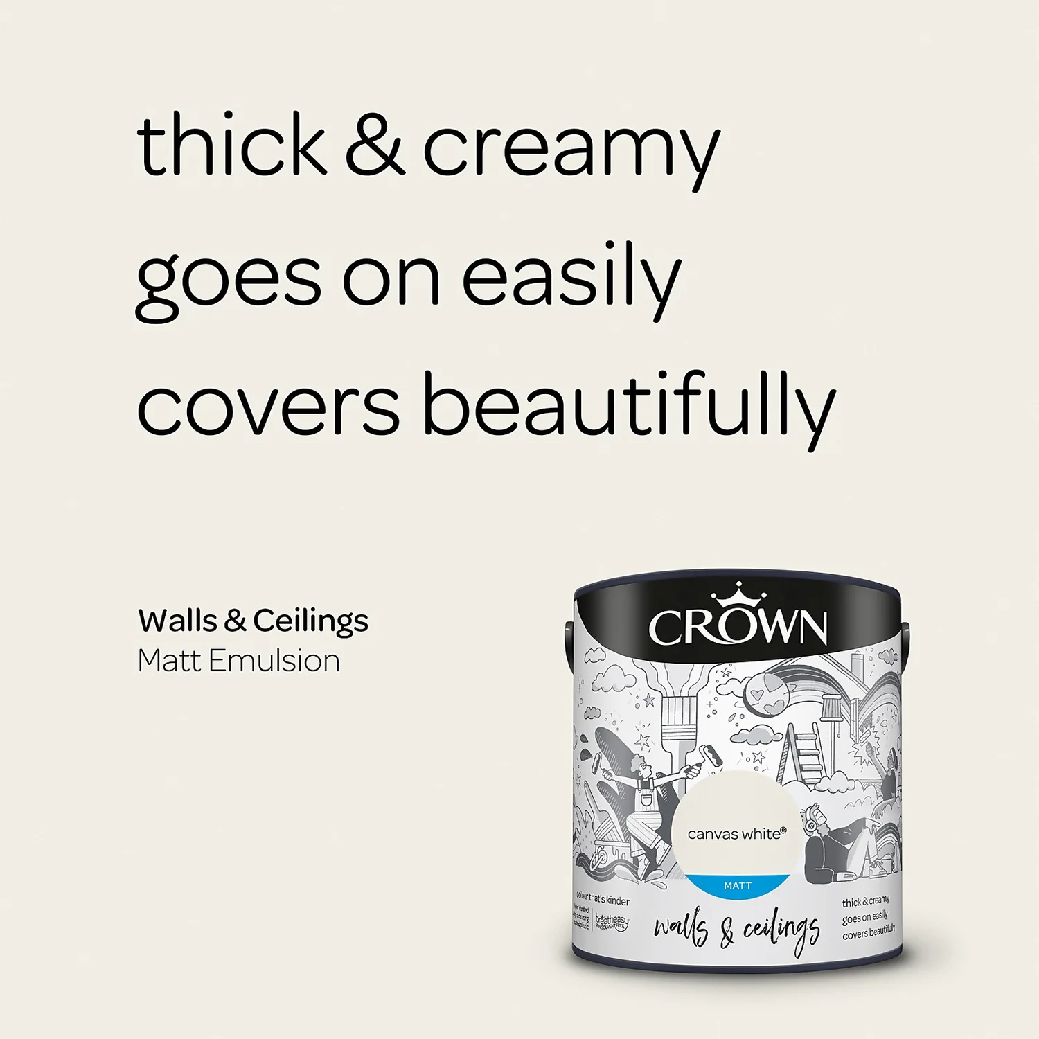 Crown Walls & Ceilings Matt Emulsion Paint Canvas White - 2.5L 6 Crown Walls & Ceilings Matt Emulsion Paint Canvas White - 2.5L - Image 4