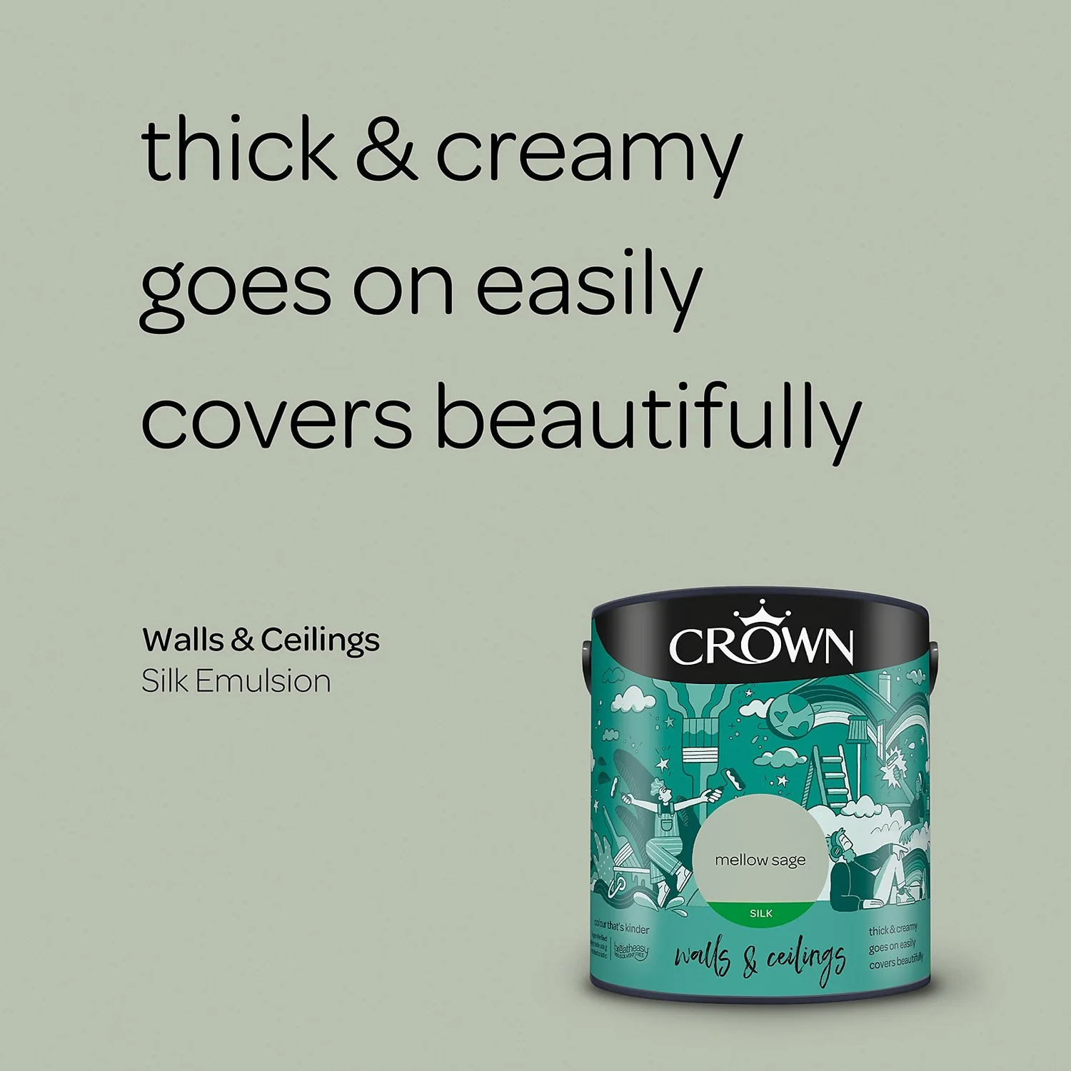 Crown Walls & Ceilings Silk Emulsion Paint Mellow Sage - 2.5L 6 Crown Walls & Ceilings Silk Emulsion Paint Mellow Sage - 2.5L - Image 4