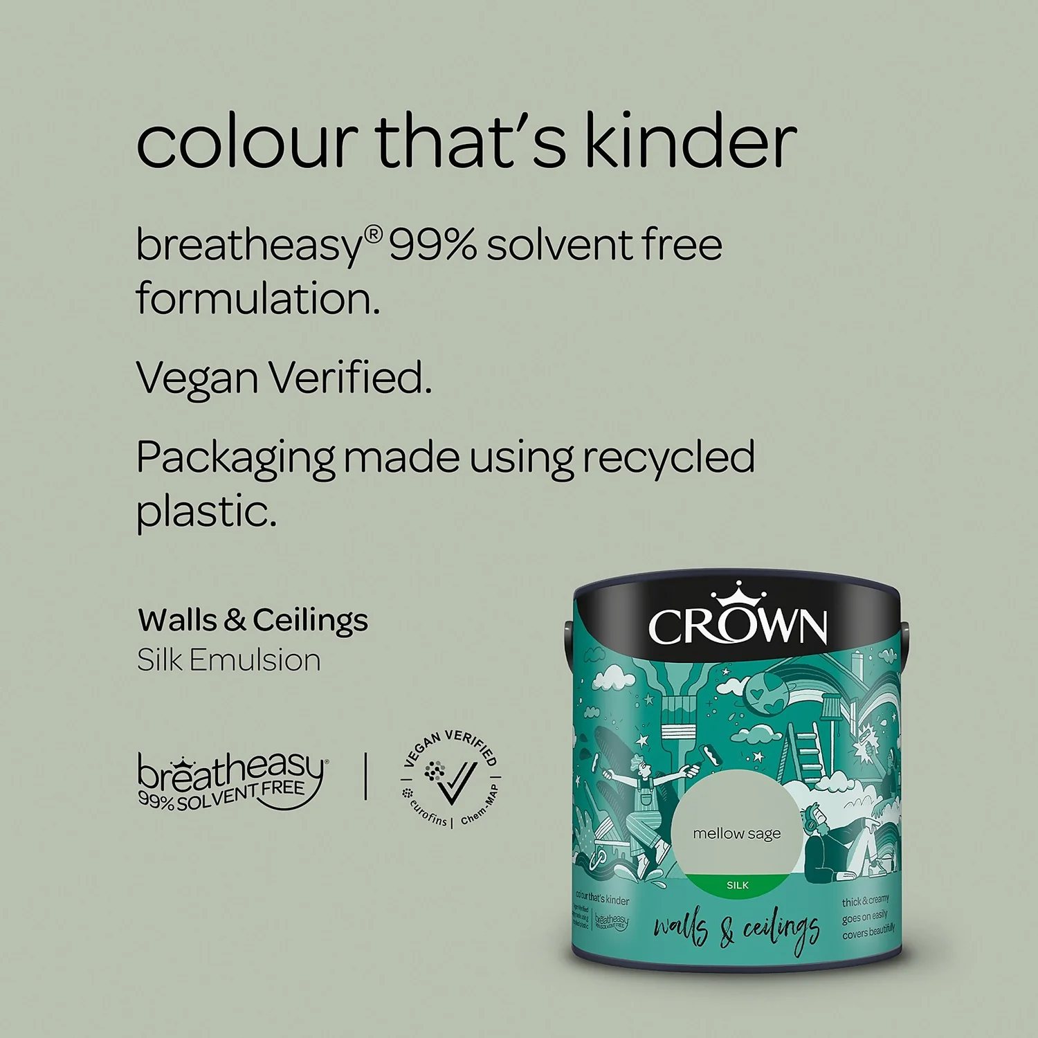 Crown Walls & Ceilings Silk Emulsion Paint Mellow Sage - 2.5L 7 Crown Walls & Ceilings Silk Emulsion Paint Mellow Sage - 2.5L - Image 5