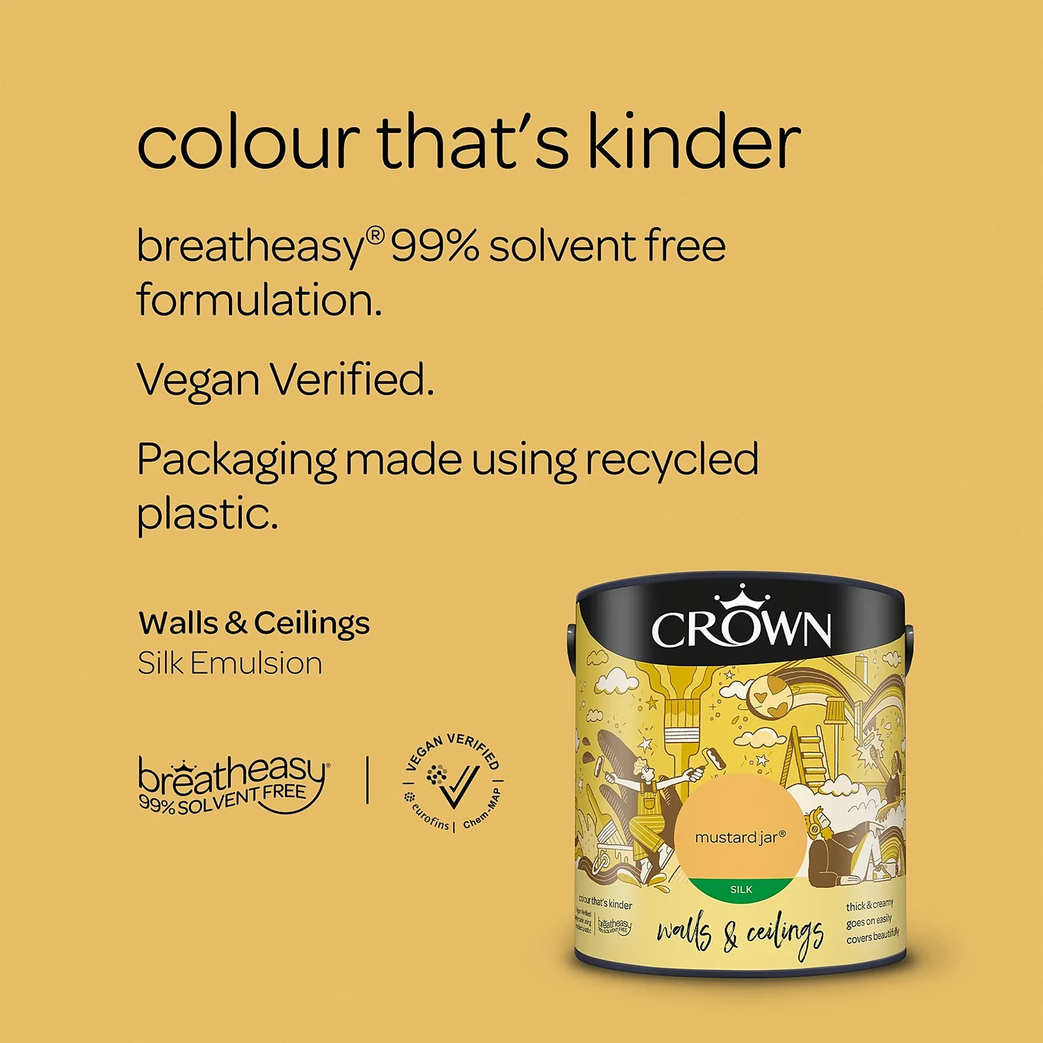 Crown Walls & Ceilings Silk Emulsion Paint Mustard Jar - 2.5L 7 Crown Walls & Ceilings Silk Emulsion Paint Mustard Jar - 2.5L - Image 5
