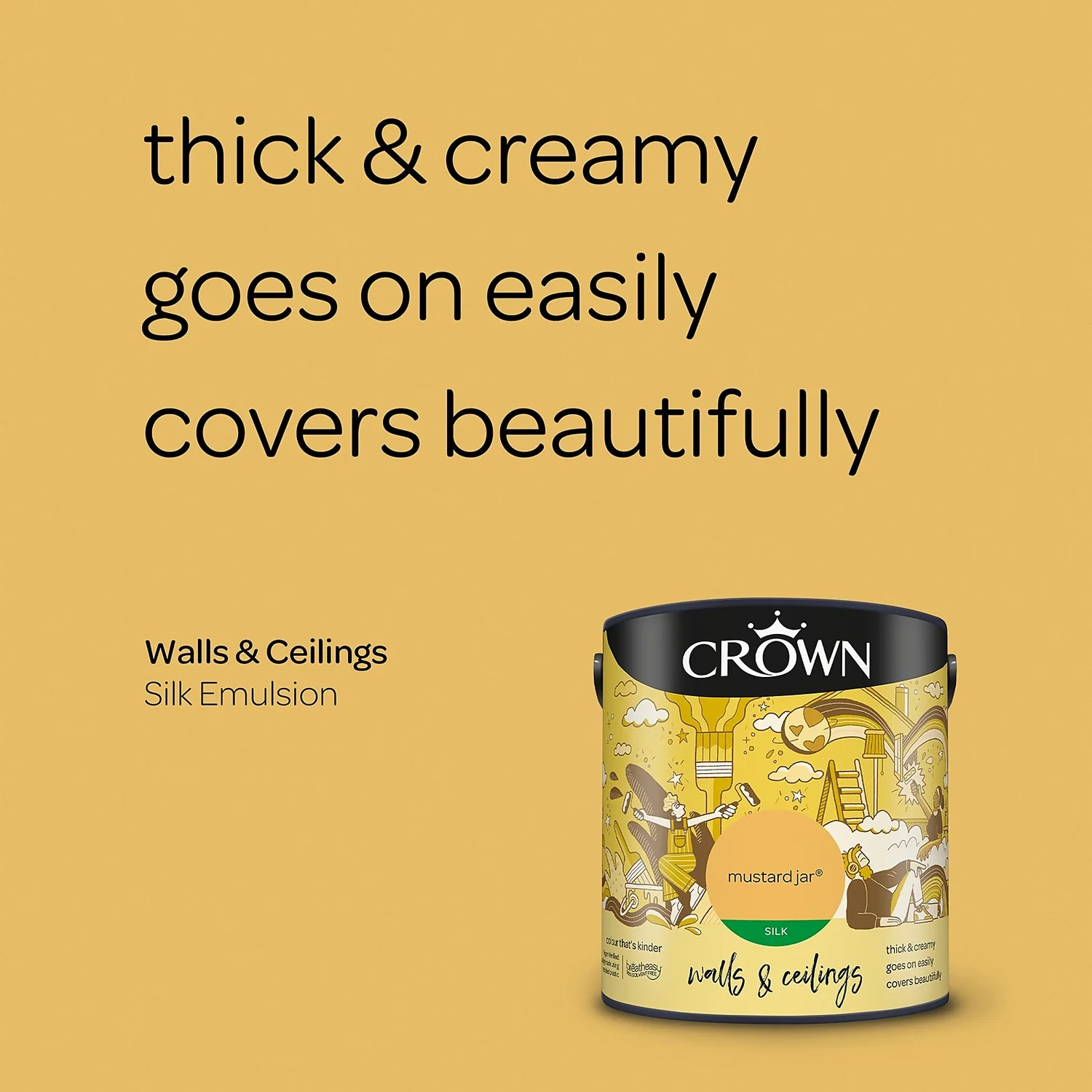 Crown Walls & Ceilings Silk Emulsion Paint Mustard Jar - 2.5L 6 Crown Walls & Ceilings Silk Emulsion Paint Mustard Jar - 2.5L - Image 4