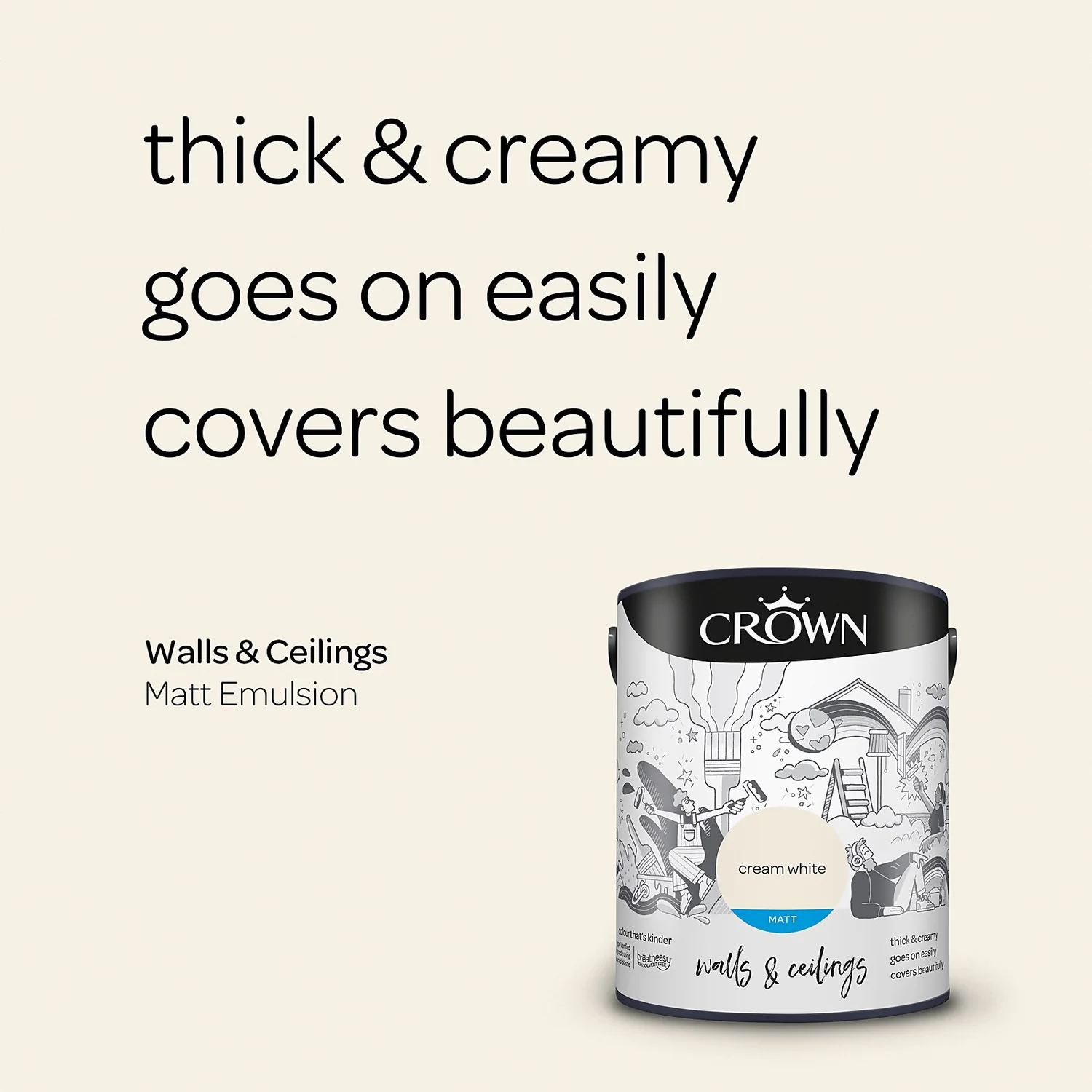 Crown Walls & Ceilings Matt Emulsion Paint Cream White - 5L 6 Crown Walls & Ceilings Matt Emulsion Paint Cream White - 5L - Image 4