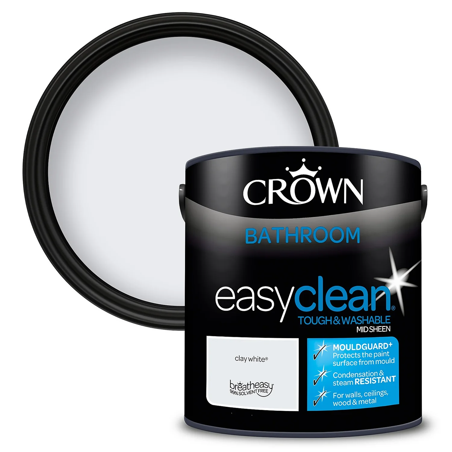 Crown Easyclean® Mouldguard+ Bathroom Mid Sheen Washable Multi Surface Paint Clay White® - 2.5L 3 Crown Easyclean® Mouldguard+ Bathroom Mid Sheen Washable Multi Surface Paint Clay White® - 2.5L