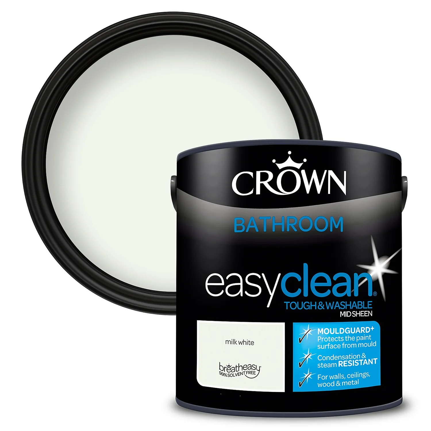 Crown Easyclean® Mouldguard+ Bathroom Mid Sheen Washable Multi Surface Paint Milk White® - 2.5L 2 Crown Easyclean® Mouldguard+ Bathroom Mid Sheen Washable Multi Surface Paint Milk White® - 2.5L