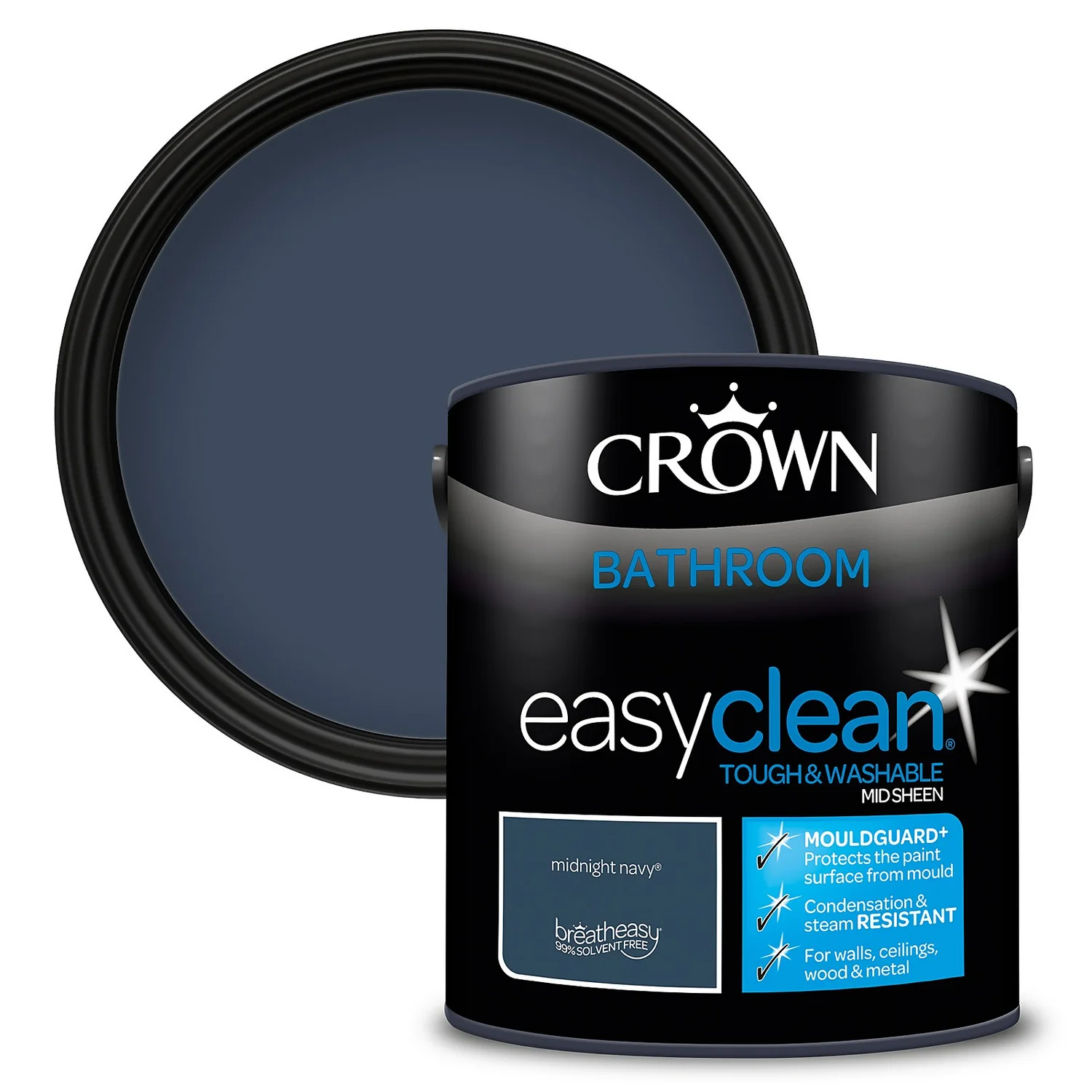 Crown Easyclean® Mouldguard+ Bathroom Mid Sheen Washable Multi Surface Paint Midnight Navy® - 2.5L 3 Crown Easyclean® Mouldguard+ Bathroom Mid Sheen Washable Multi Surface Paint Midnight Navy® - 2.5L