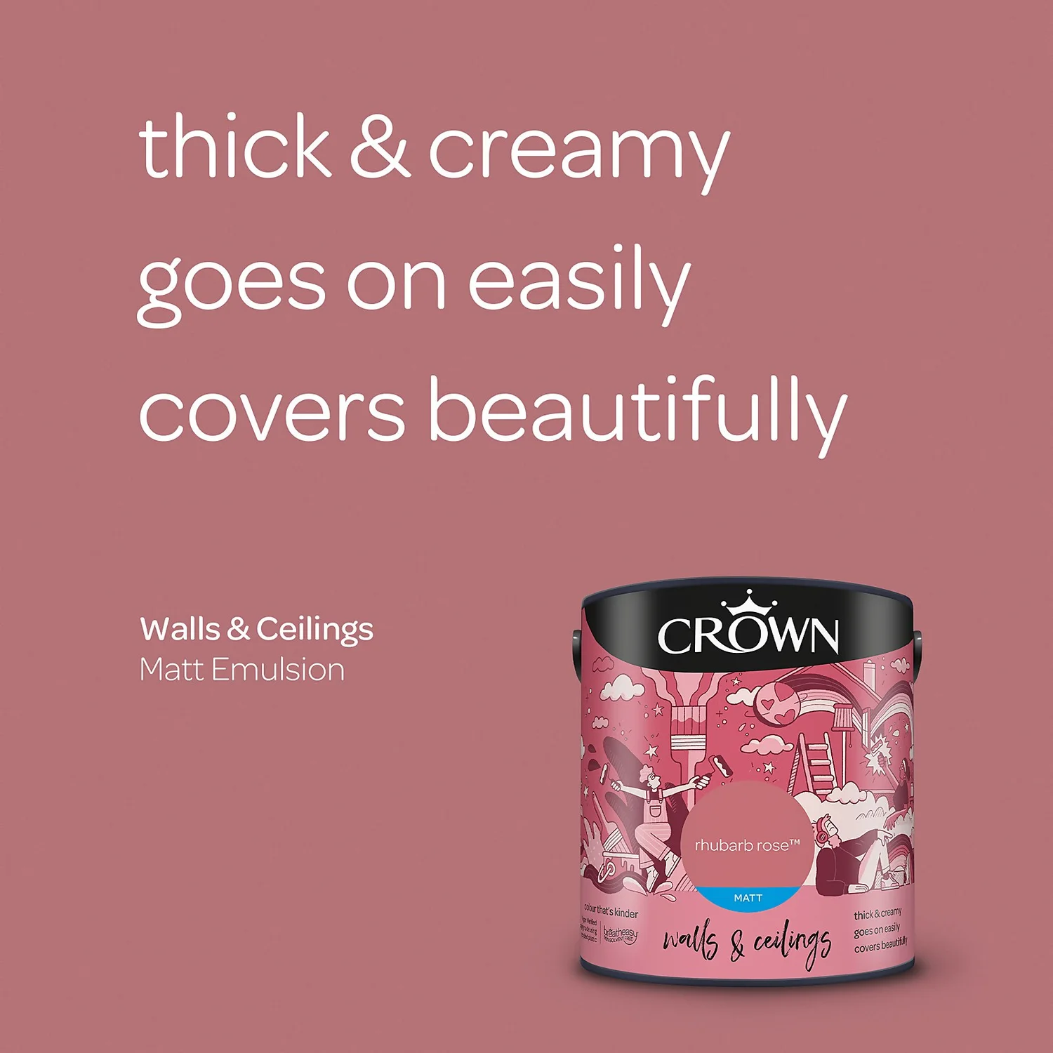 Crown Matt Emulsion Paint Rhubarb Rose - 2.5L 6 Crown Matt Emulsion Paint Rhubarb Rose - 2.5L - Image 4